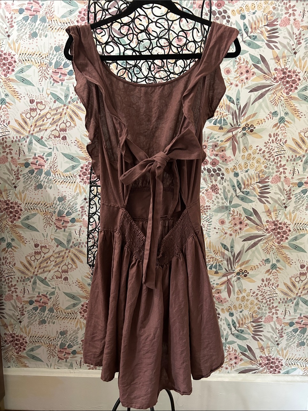 Free People Erin Skater Linen Blend Open Tie Back Mini Dress Brown Medium - Picture 6 of 9